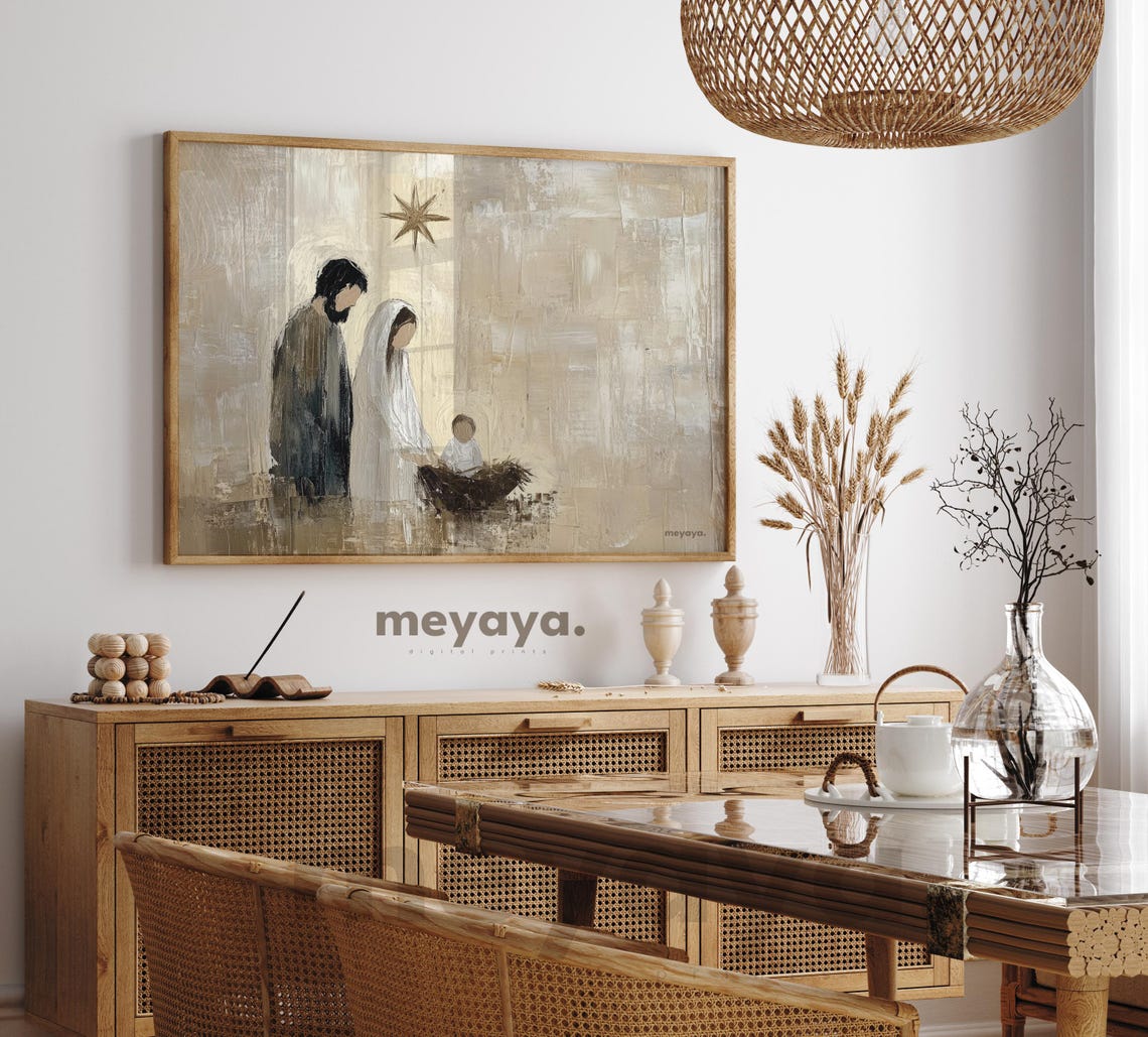Nativity Scene Holy Family Star Minimalist Beige Christmas Poster - Image 6