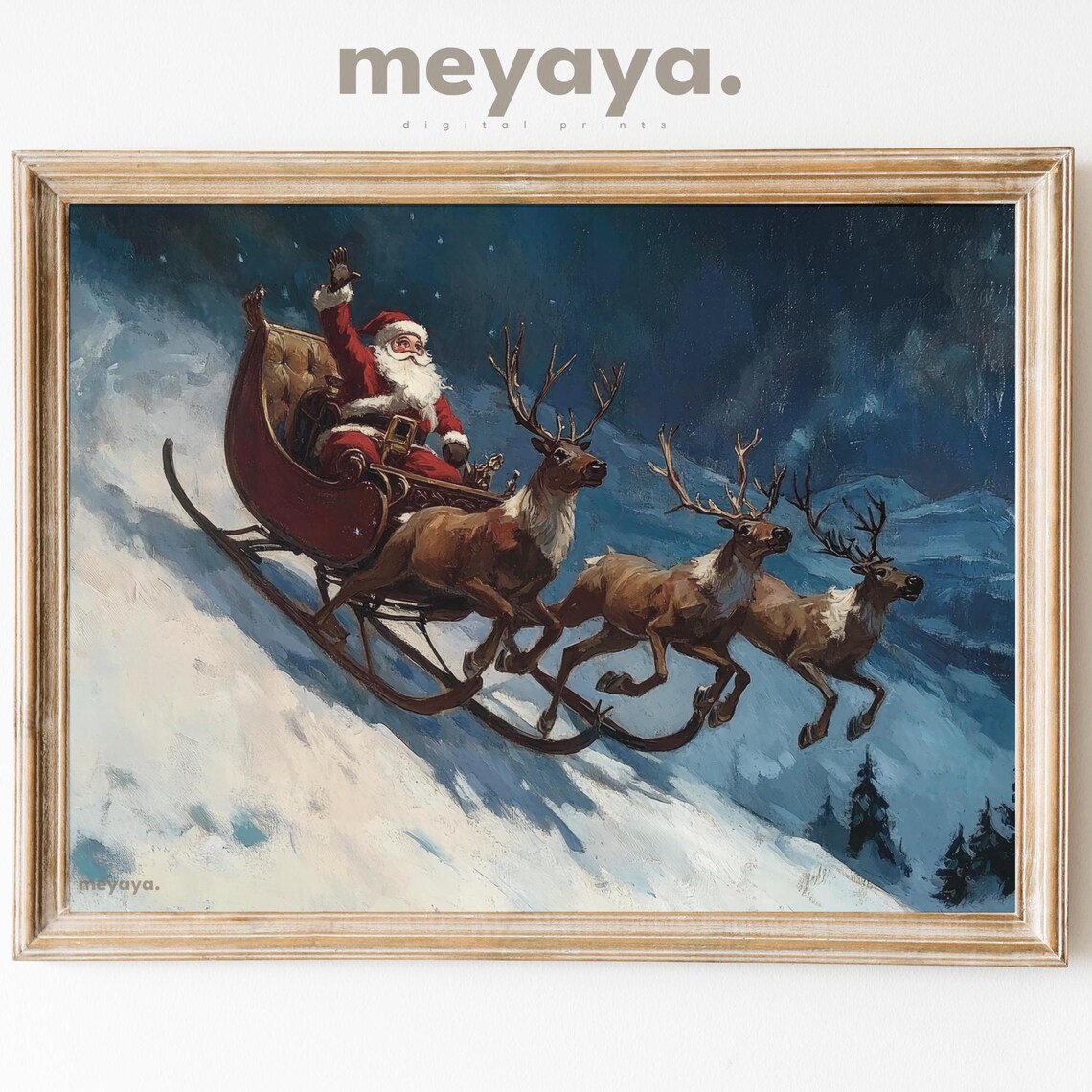 Santa Claus Painting Christmas Vintage Sleigh With Reindeer Print Christmas Wall Art Holiday Winter Scene Santa Sleigh Print