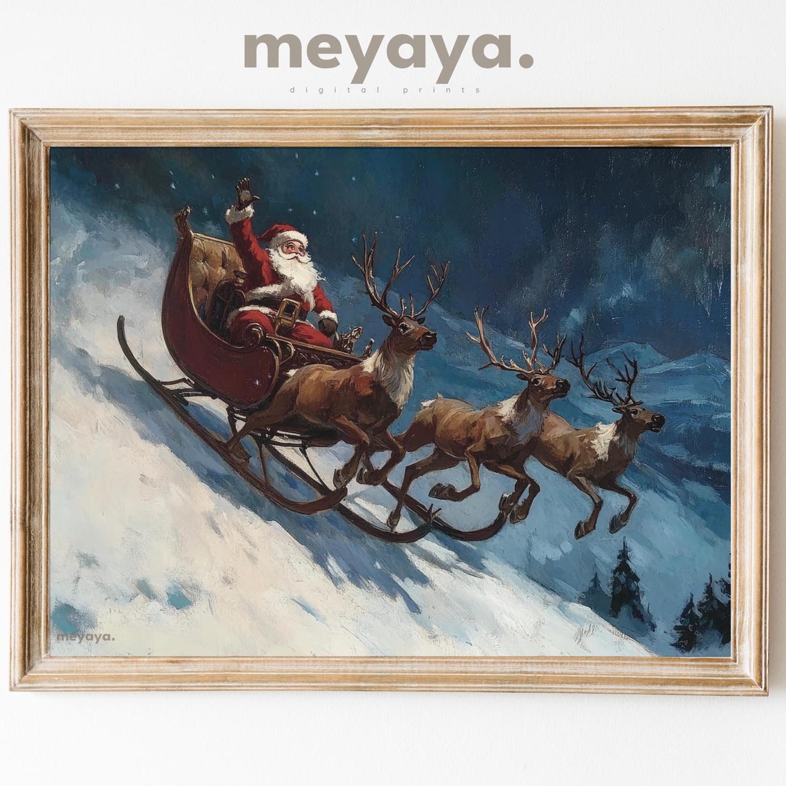 Santa Sleigh Reindeer Night Flight Snowy Mountain Christmas Poster