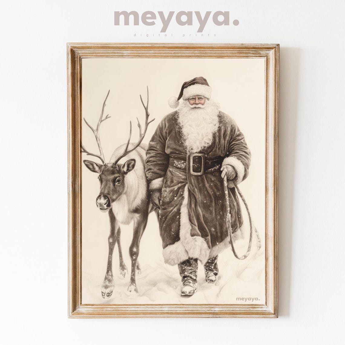 Sepia Santa Claus with Reindeer Walking Snow Rustic Vintage Art Poster