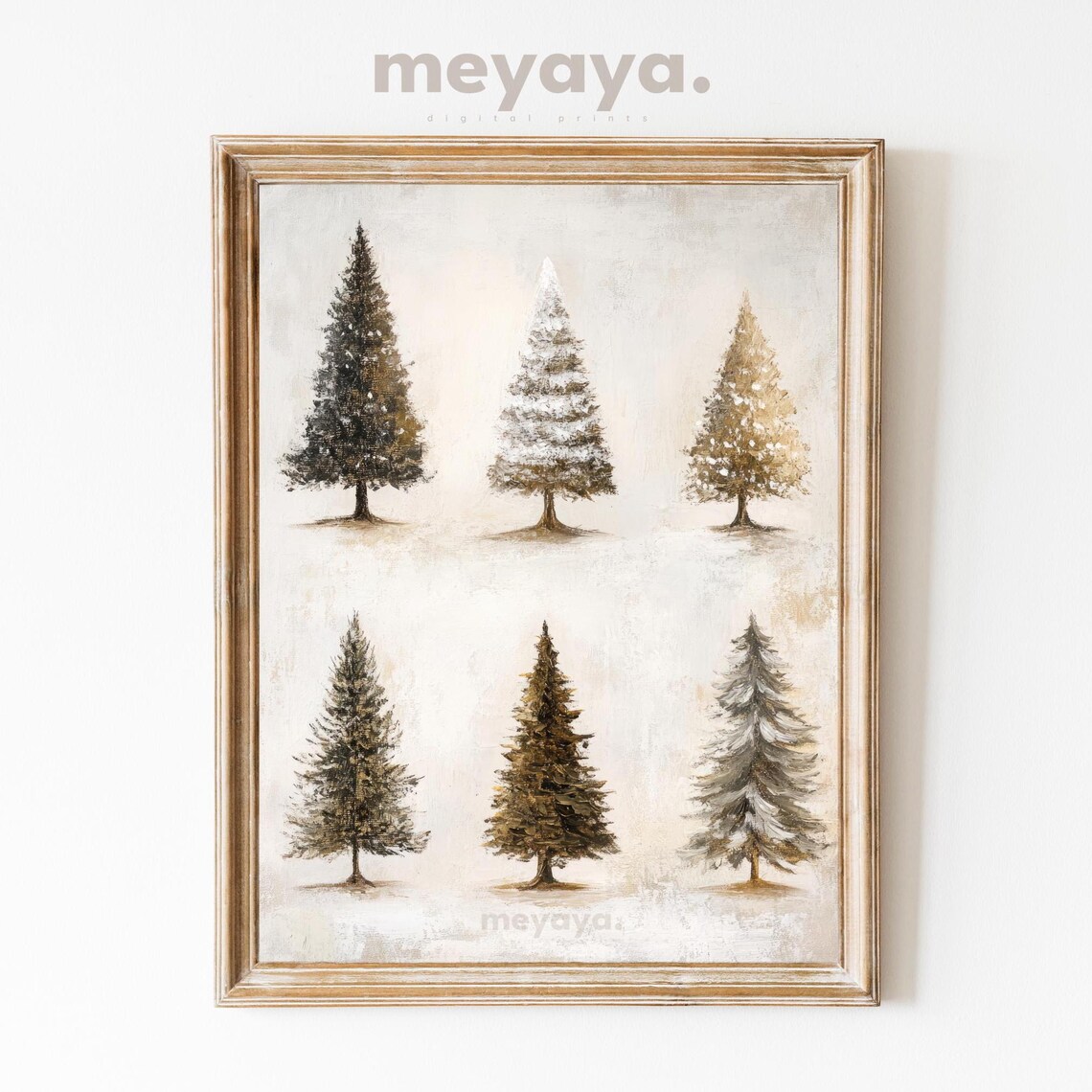Six Pine Trees Neutral Winter Vintage Christmas Holiday Forest Poster