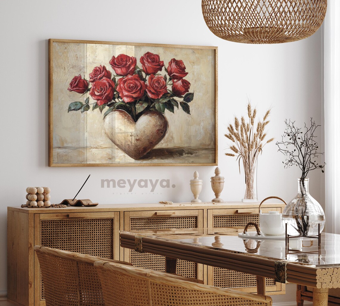Red Roses Heart Shaped Vase Vintage Romantic Floral Wall Print - Image 5