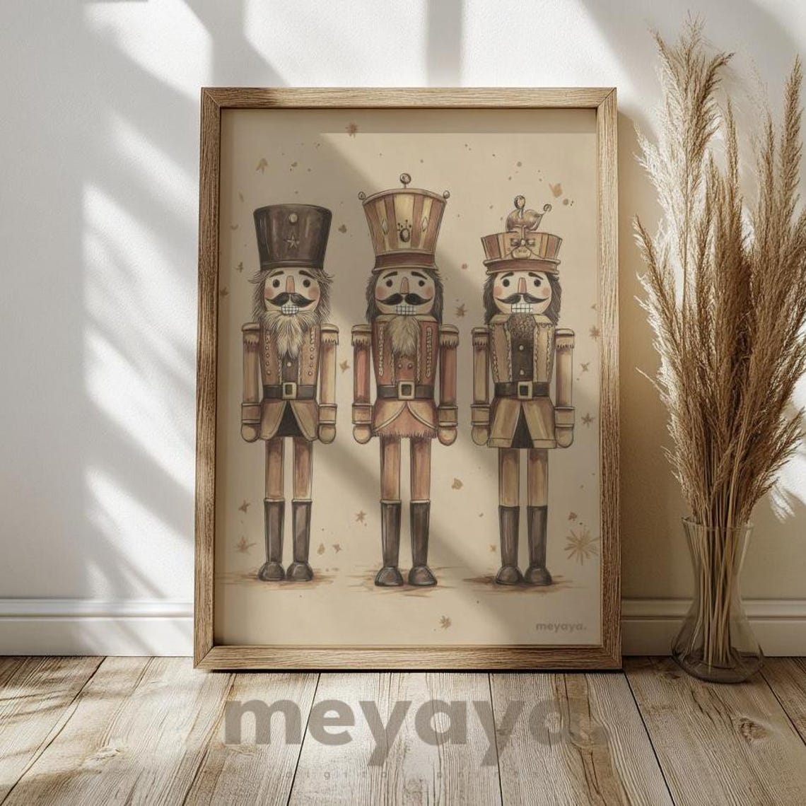 Three Wooden Nutcrackers Starry Tan Vintage Christmas Art Poster - Image 3
