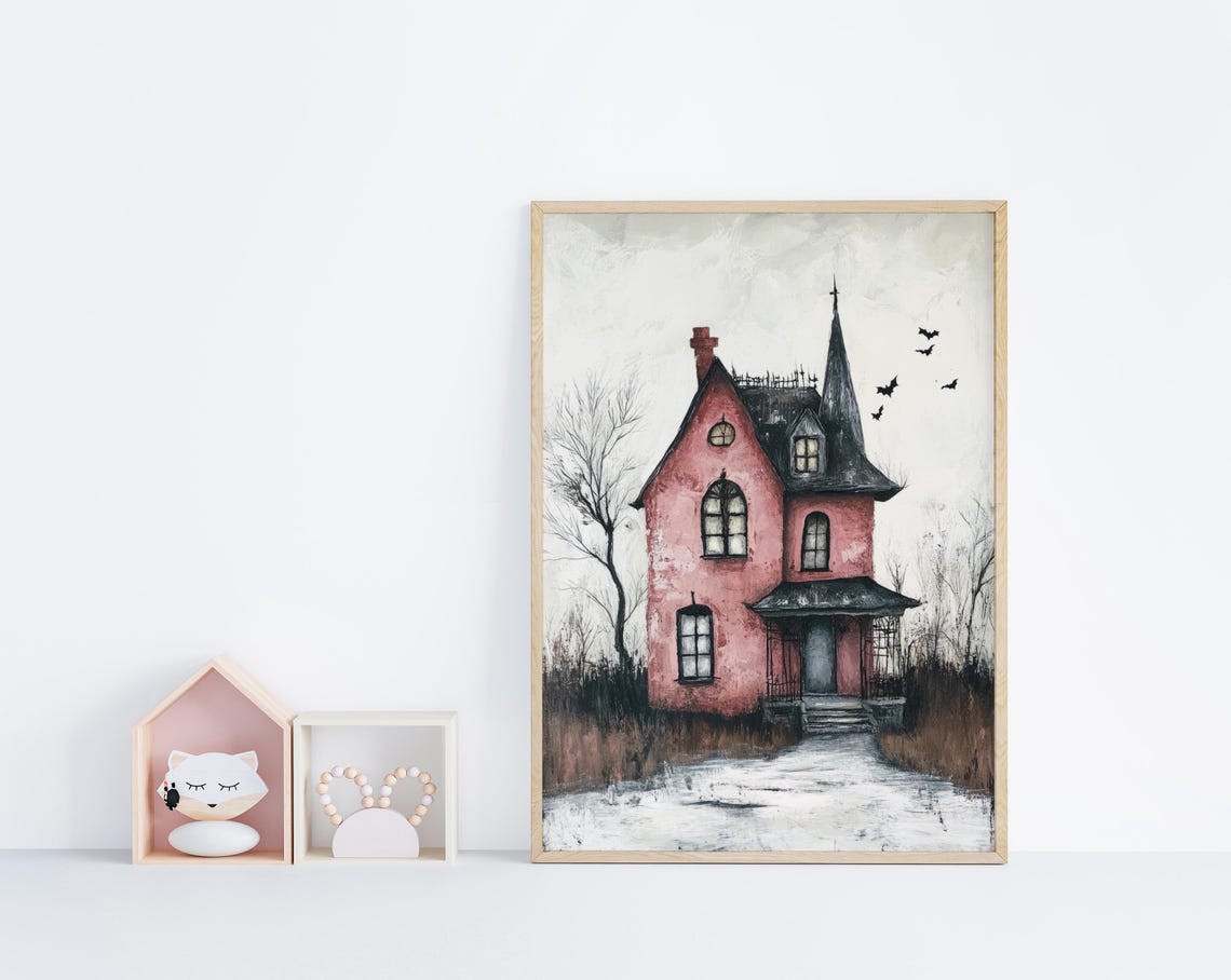 Pink Haunted Victorian House With Bats Whimsical Halloween Poster - Image 6