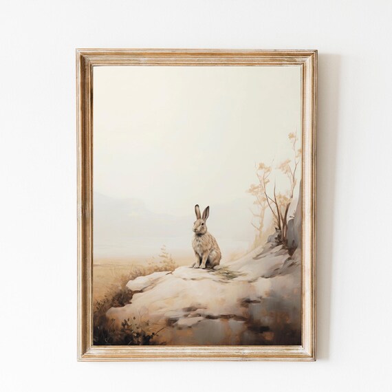 Wild Rabbit On Rocks Misty Neutral Vintage Countryside Poster