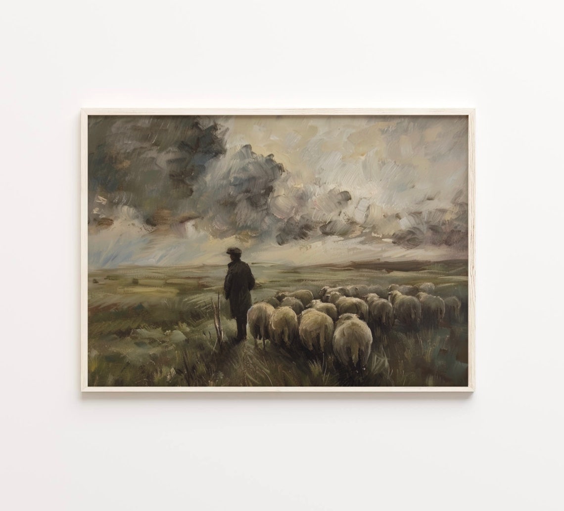 Shepherd With Sheep Flock Moody Pastoral Countryside Farm Poster - Image 3