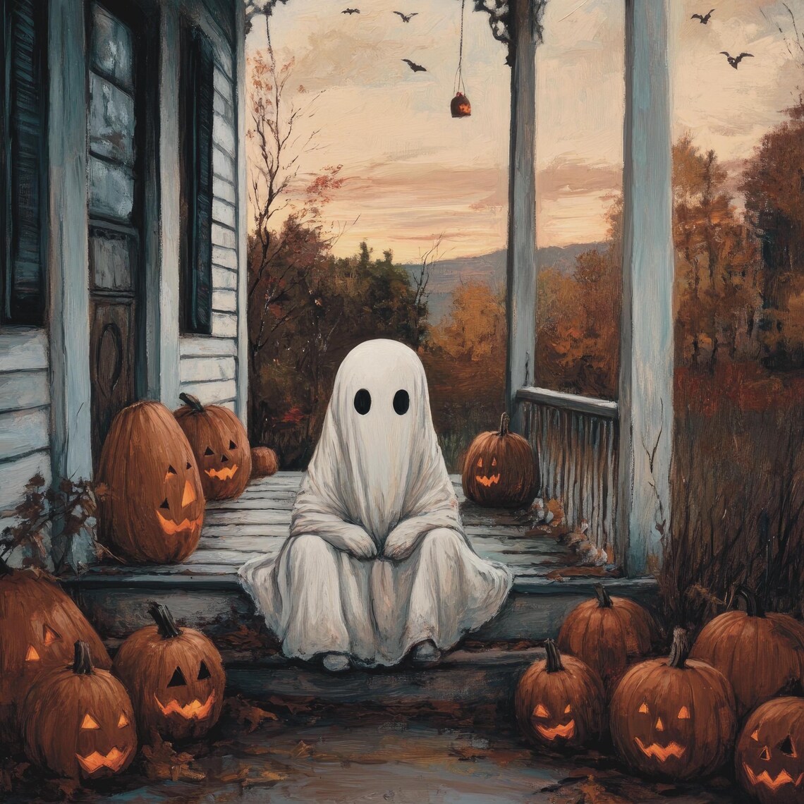 Cute Ghost Sitting On A Spooky Porch Surrounded By Jack O Lanterns Poster - Image 6