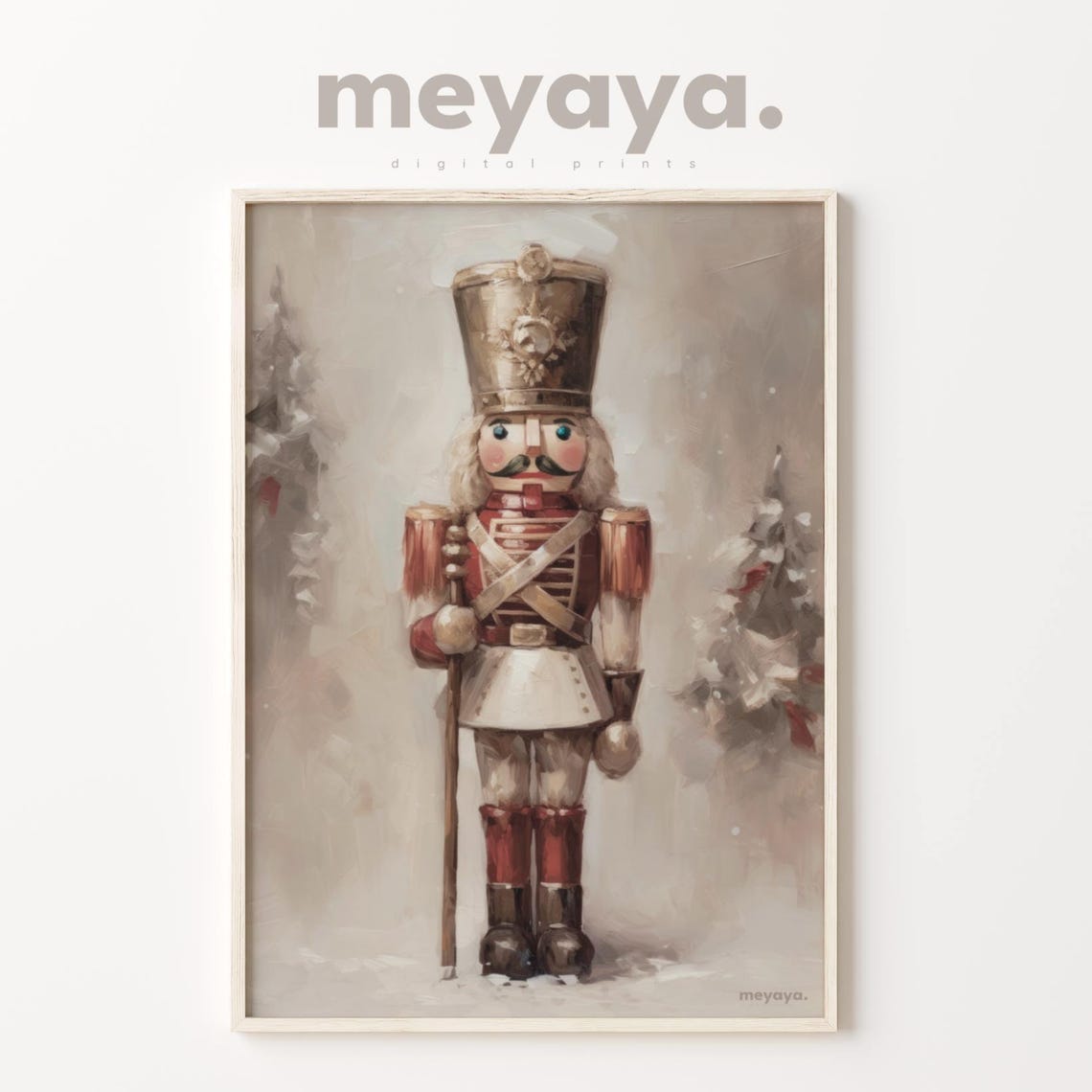 Nutcracker Oil Painting Gold Hat Staff Snowy Christmas Vintage Poster - Image 3
