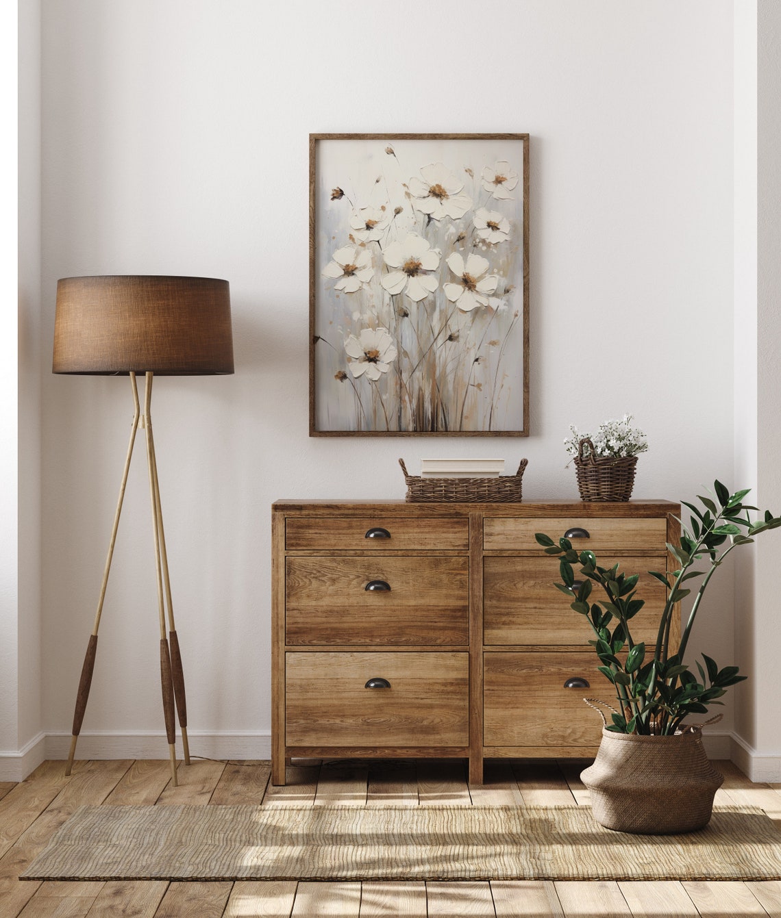 White Cosmos Flowers With Brown Centers On Beige Painting Poster - Image 5