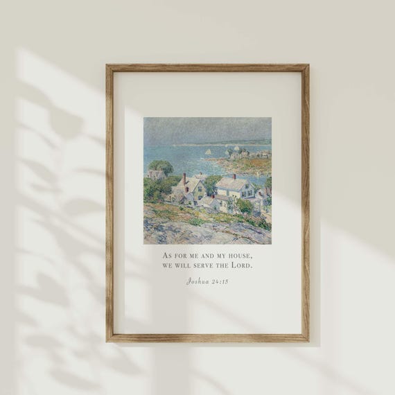 Joshua 2415 Vintage Seaside Wall Art As For Me And My House Quote Calming Bible Verse Poster Peaceful Scripture Faith Housewarming Gift