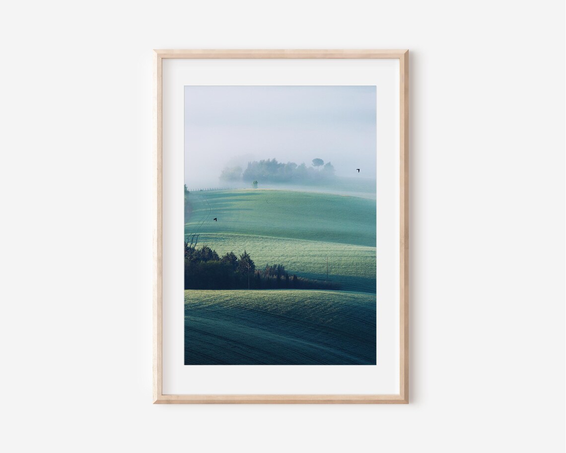 Misty Rolling Green Hills At Dawn Minimalist Countryside Landscape Print