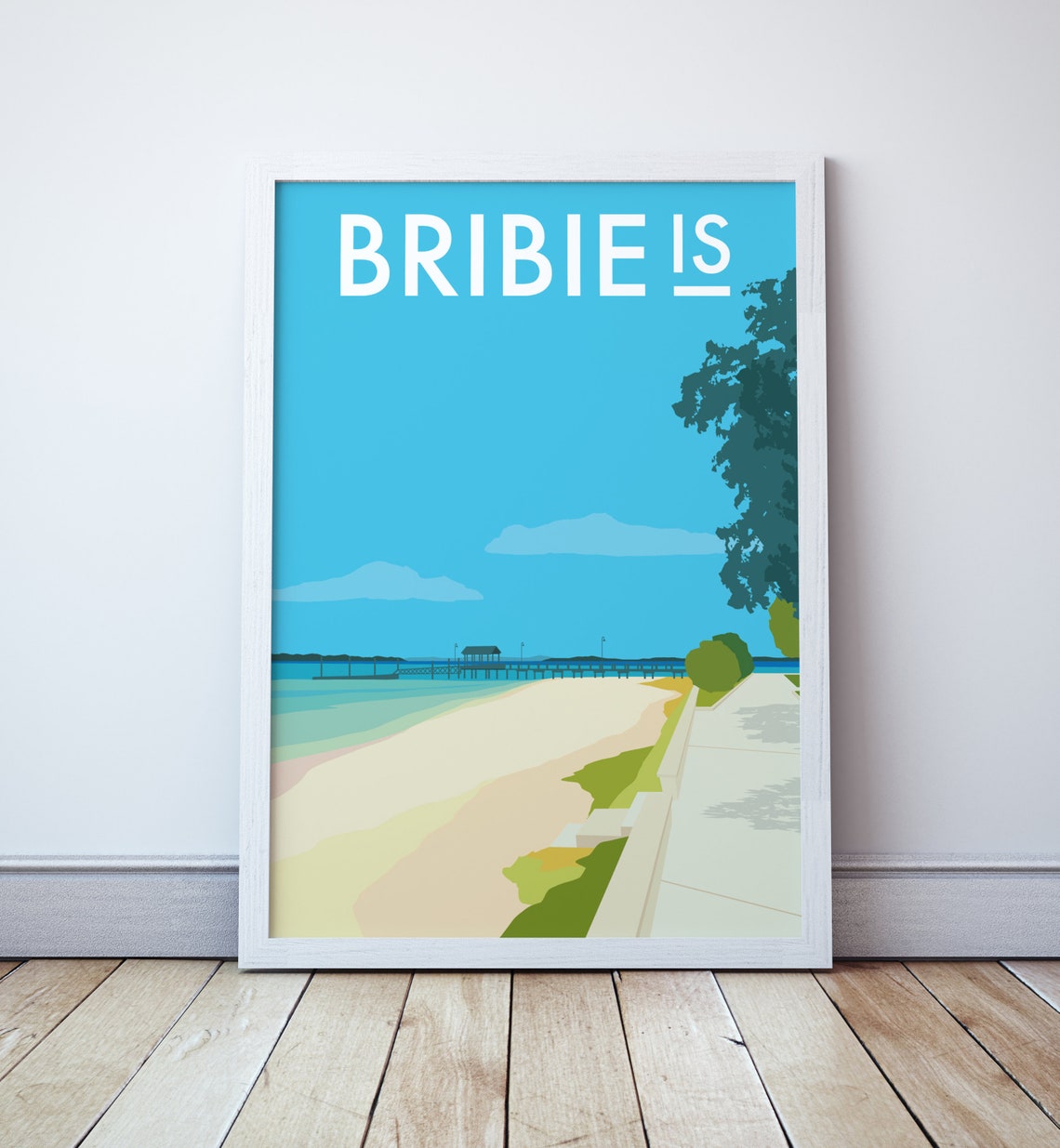 Bribie Island Beach Long Jetty Sand and Sea Queensland Art Poster