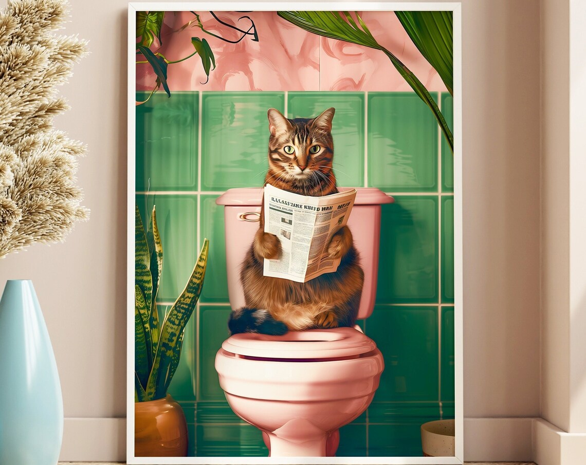 Domestic Shorthair Cat Reading On Toilet Funny Bathroom Poster