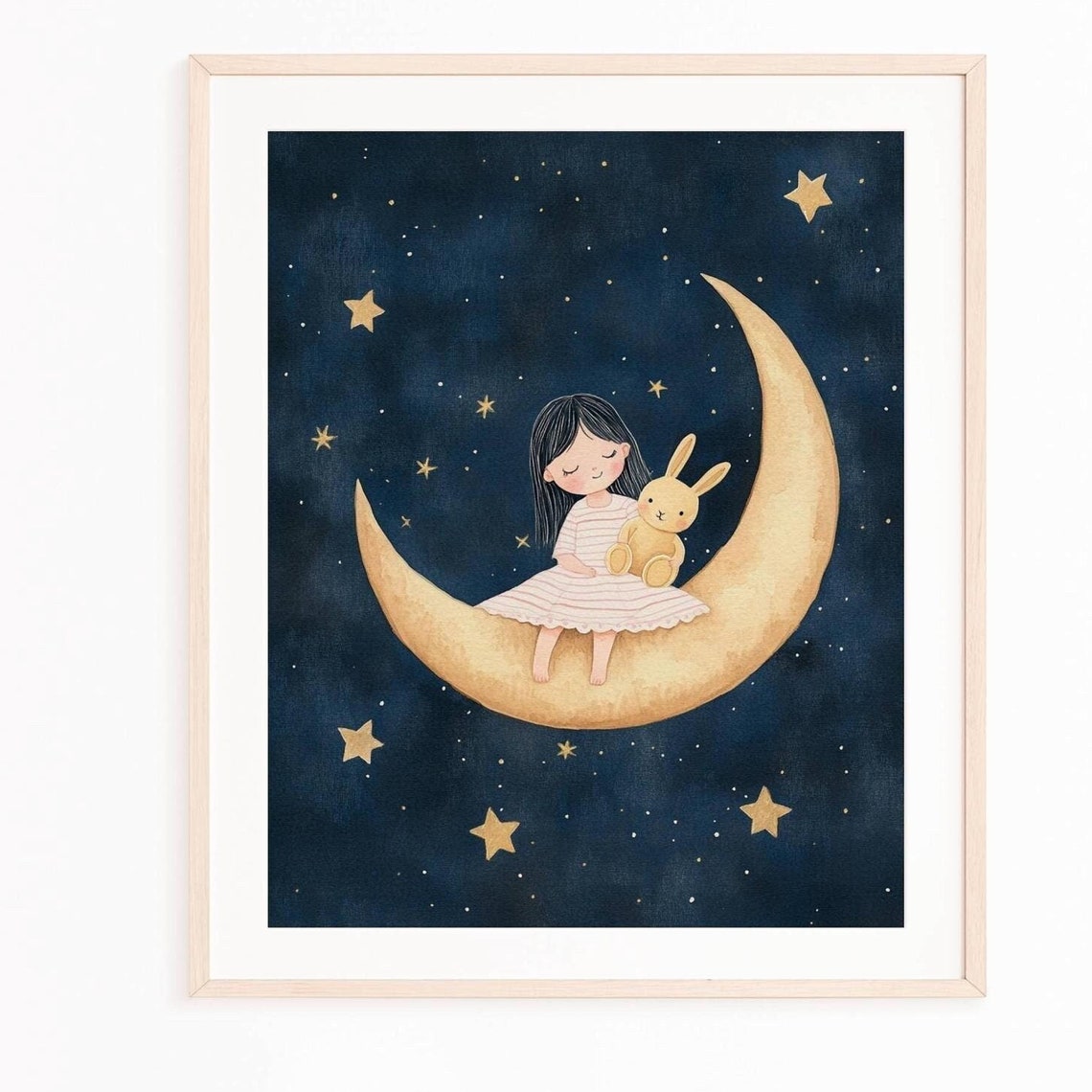 Girl on Crescent Moon with Bunny Night Stars Nursery Art Poster