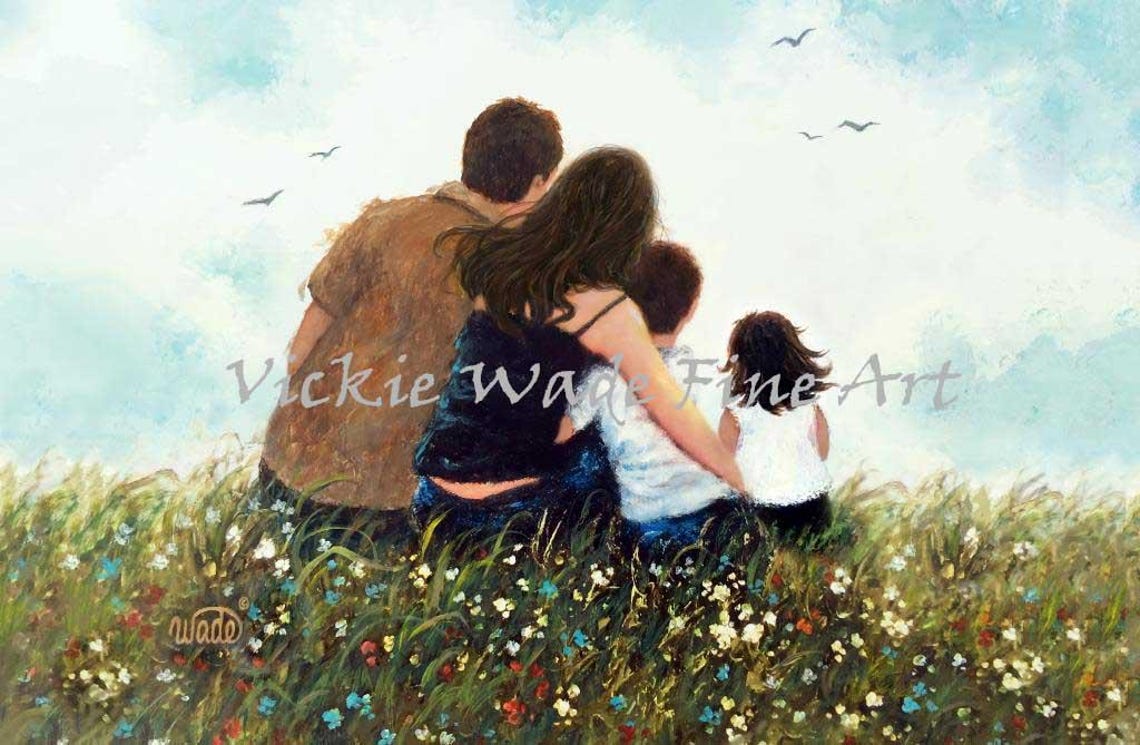 Family of Four Sitting in a Wildflower Meadow at Daybreak Poster
