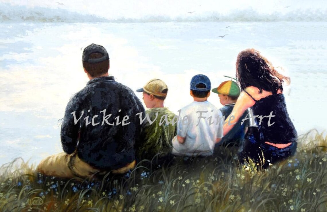 Mom Dad And Three Sons Sitting Together Overlooking The Lake Poster