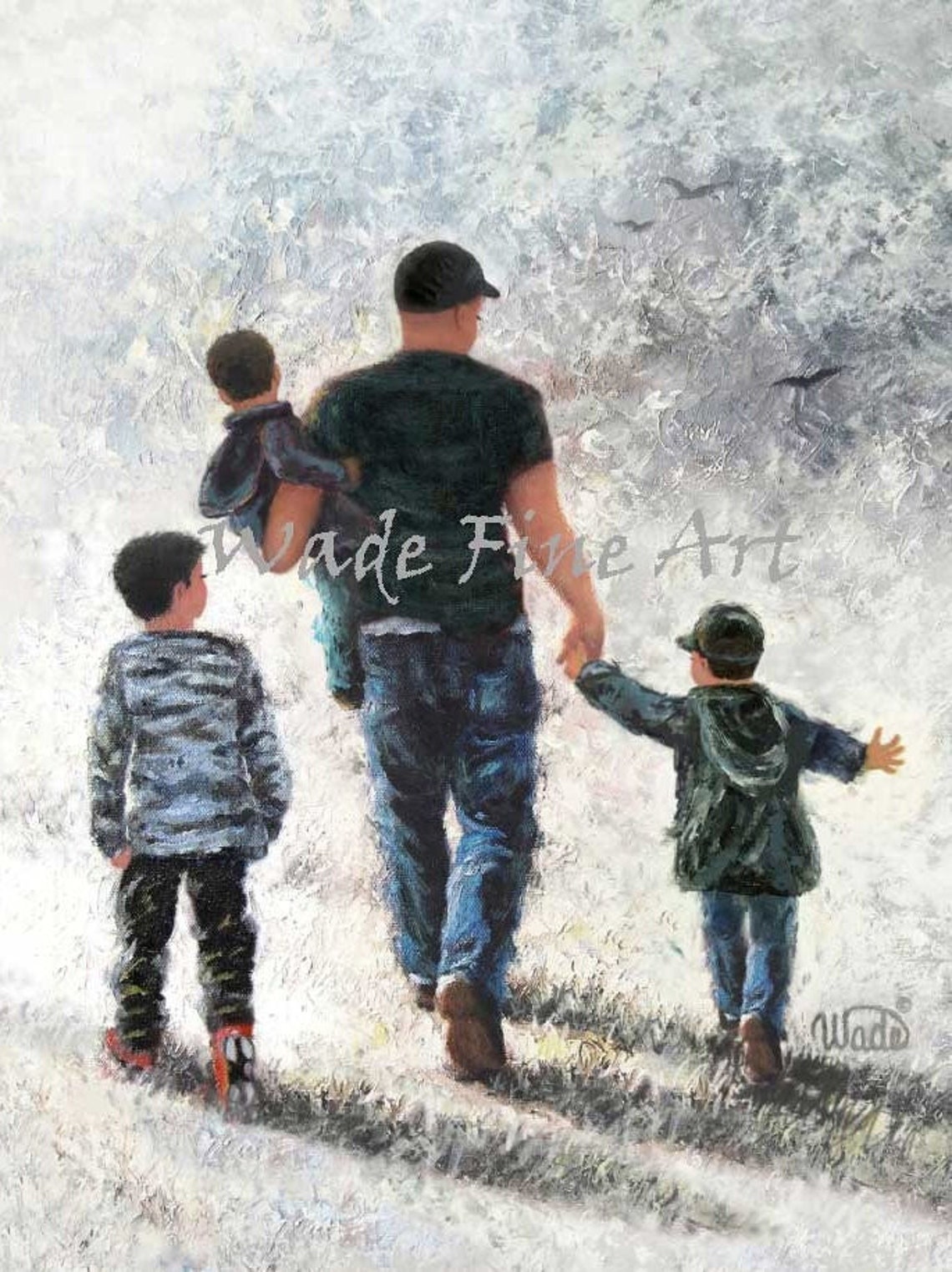Father Strolling Away with His Three Young Sons Holding Hands Poster