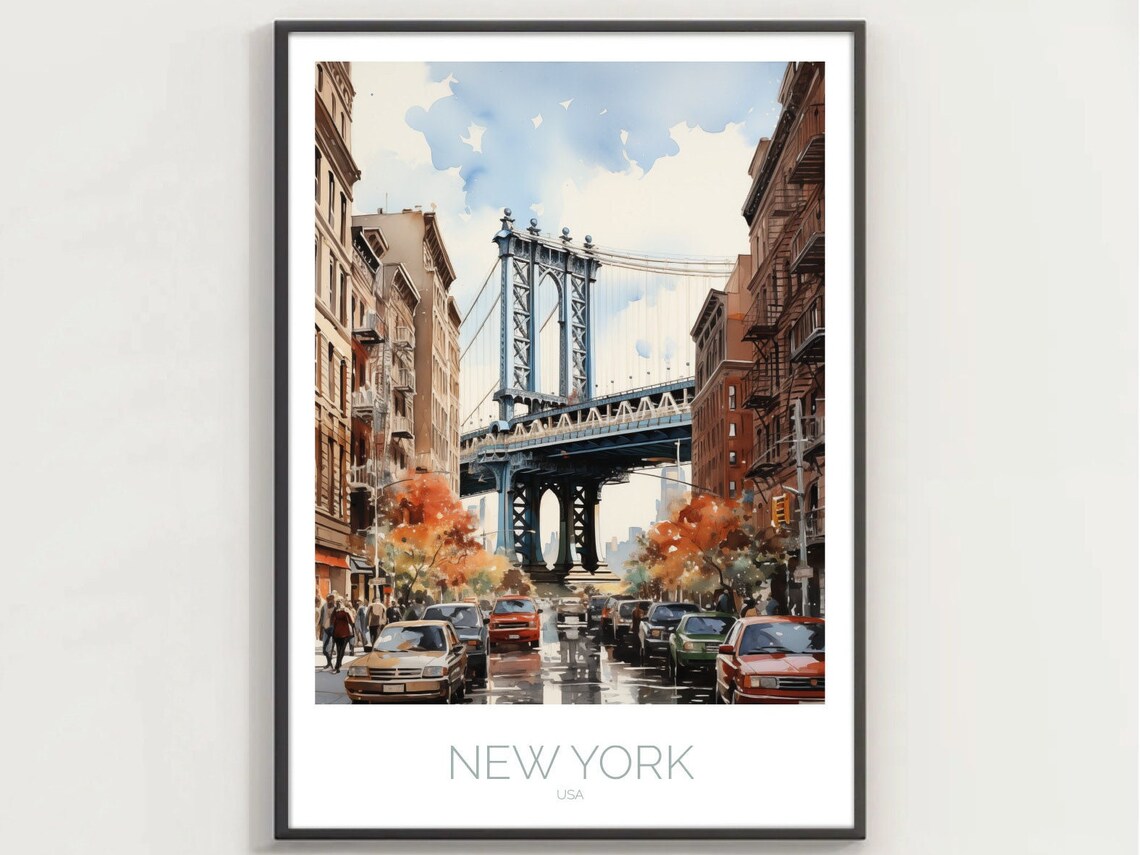 Manhattan Bridge Watercolor Travel Poster, New York USA