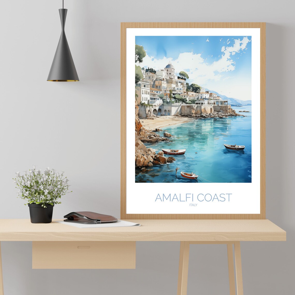 Amalfi Coast Watercolor Seaside Village Boats Italy Travel Poster - Image 2