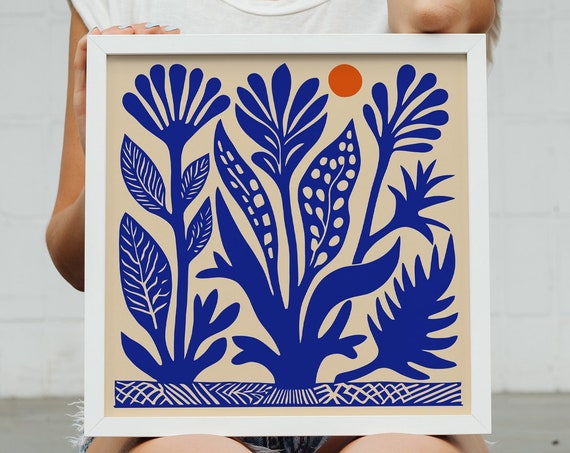 Indigo Blue Botanical Art Print Vintage Floral Illustration Retro Floral Wall Decor Airbnb Decor Coral Reefs Art Nautical Decoration