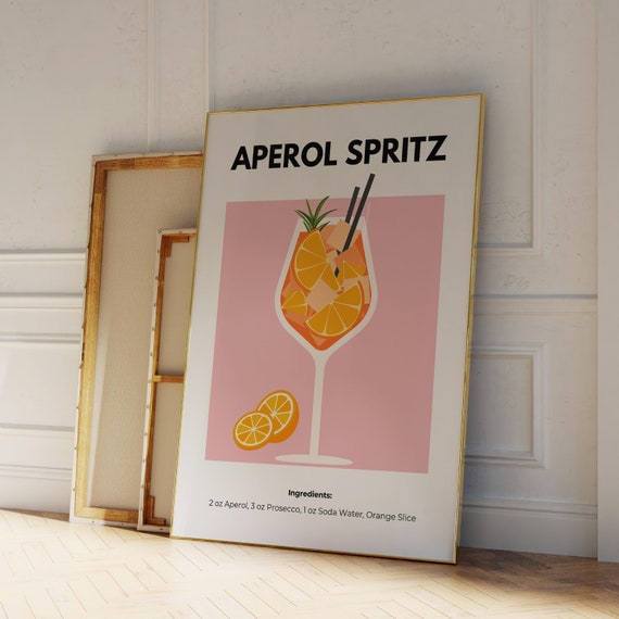Aperol Spritz Retro Cocktail Print, Bar Cart Decor