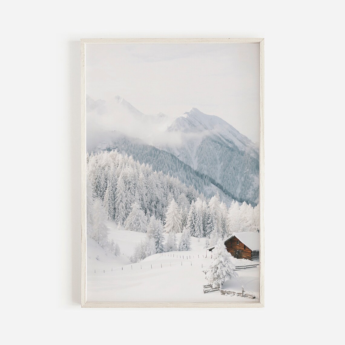 Snowed In Cabin Log Art Print, Rustic Winter Forest
