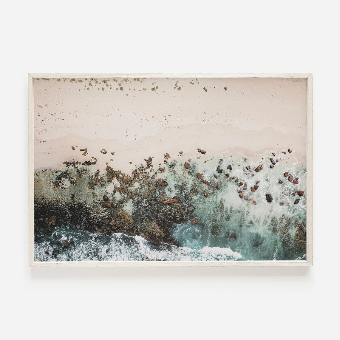 Aerial Rocky Shoreline Photography Pink Sand Beach and Turquoise Waves Poster