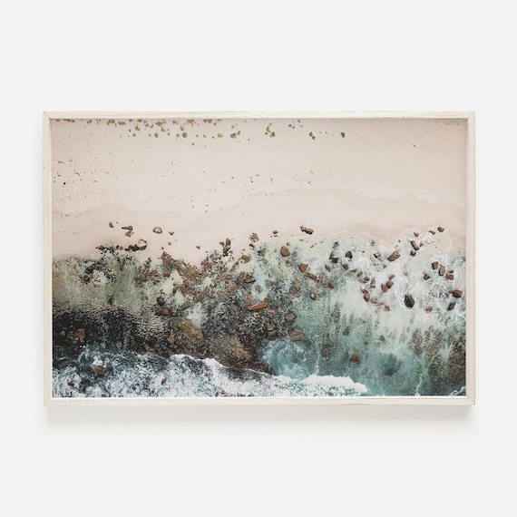 Aerial Rocky Shoreline Photography Pink Sand Beach and Turquoise Waves Poster