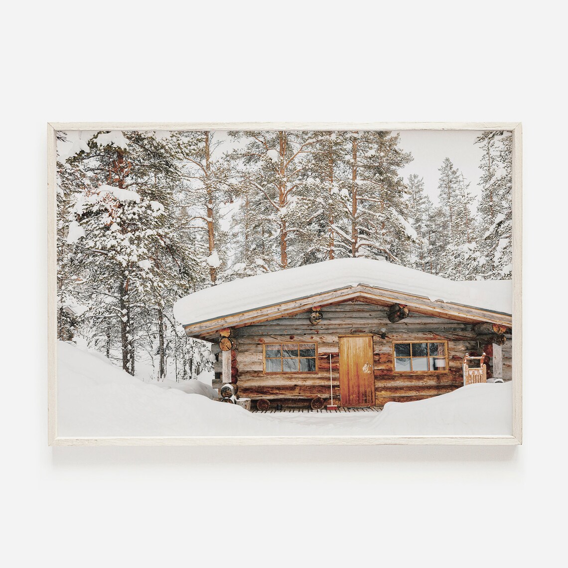 Snowy Log Cabin in Pine Forest Winter Photography Rustic Mountain Lodge Poster