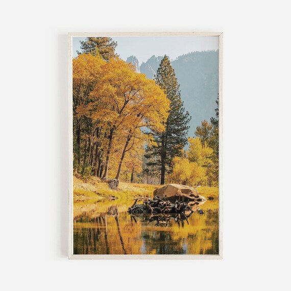 Golden Autumn Trees Reflecting on a Calm Mountain River Poster