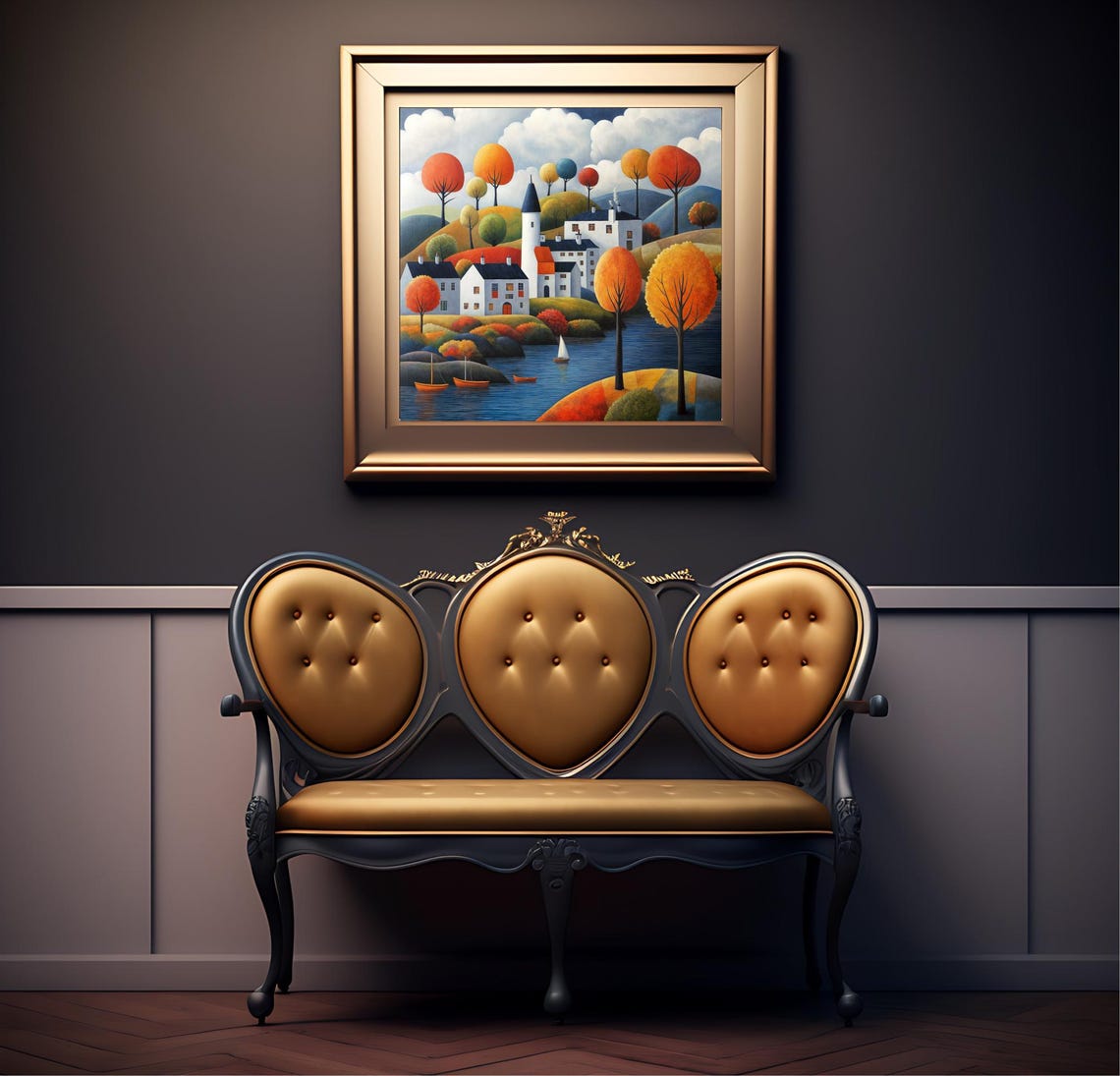 Scenic Village Wall Art Autumn Landscape Print Sailboats And Seaside Houses Print Ocean Art For Living Room Modern Home Decor - Image 2