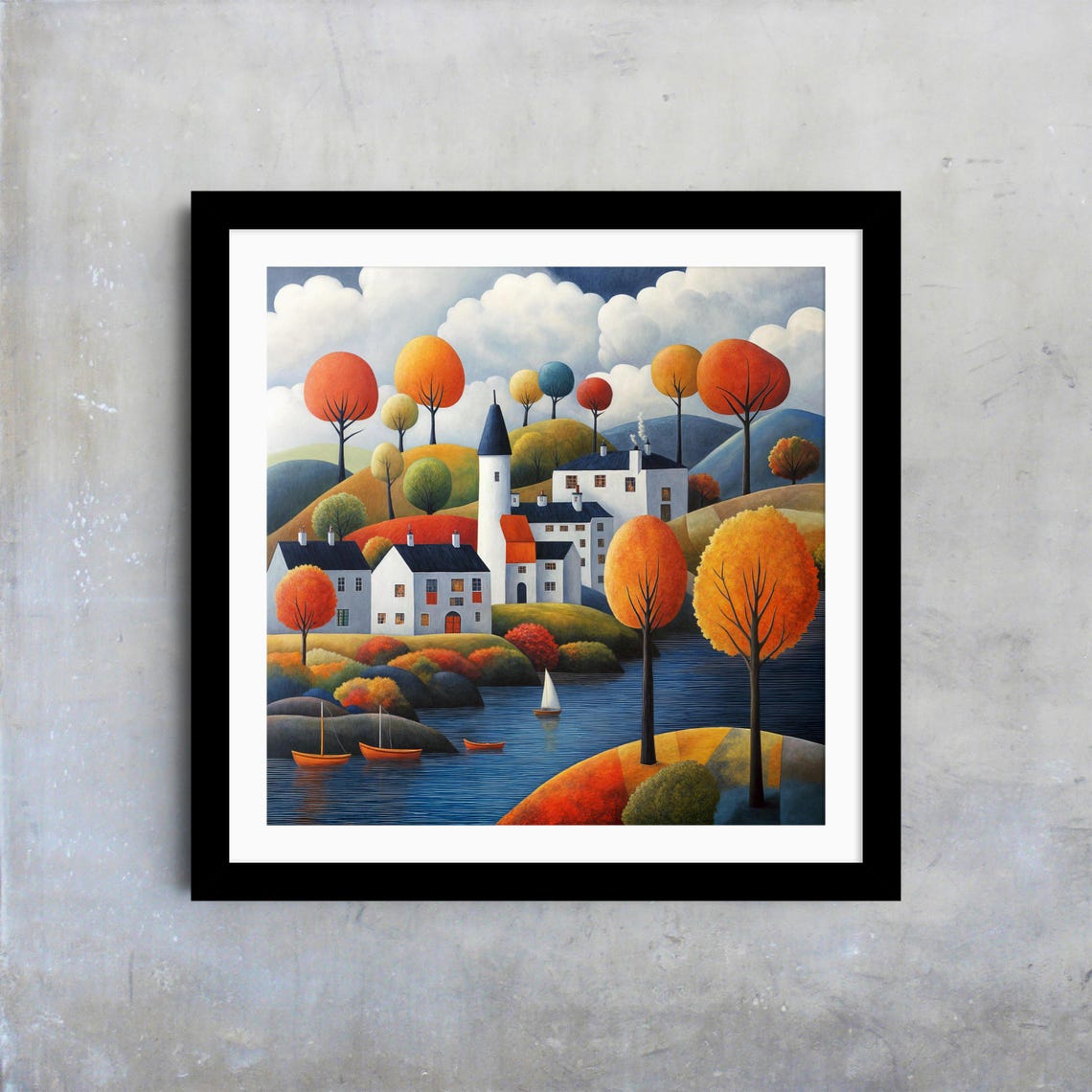 Scenic Village Wall Art Autumn Landscape Print Sailboats And Seaside Houses Print Ocean Art For Living Room Modern Home Decor - Image 4