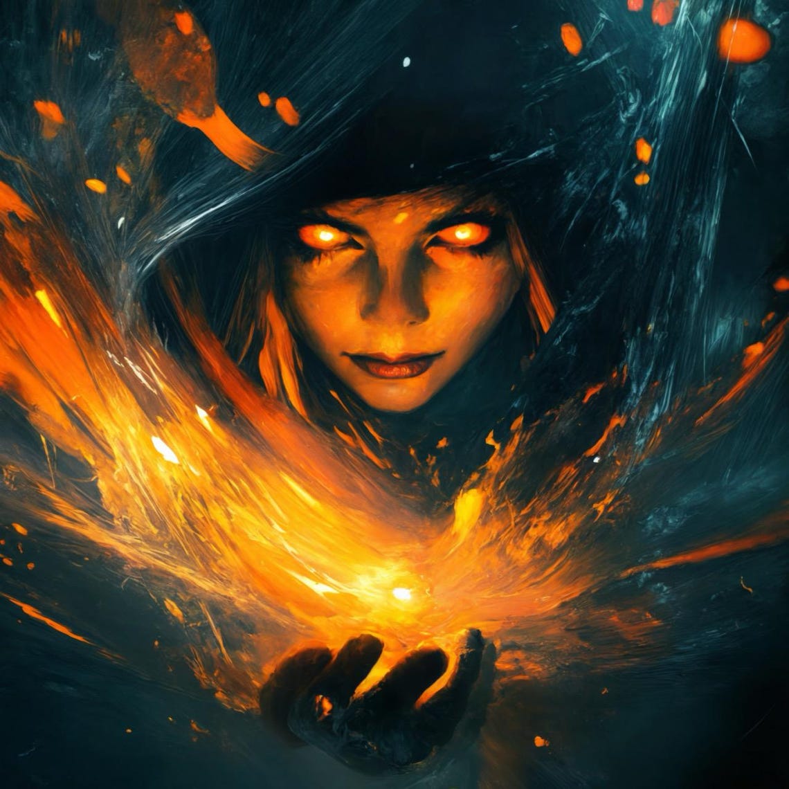 Fire Witch Sorceress Glowing Eyes Flames Dark Fantasy Wall Art - Image 3