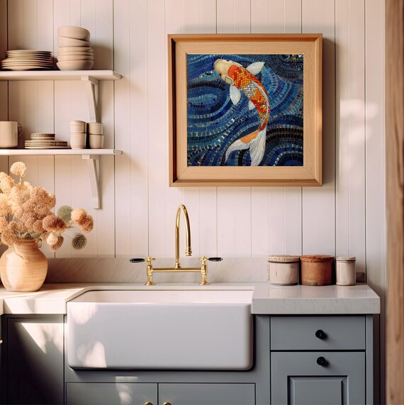 Colorful Koi Fish Wall Art Japanese Inspired Mosaic Artwork Zen Fish Decor Unique Aquatic Art Print Calm Koi Poster Fish Pond Art