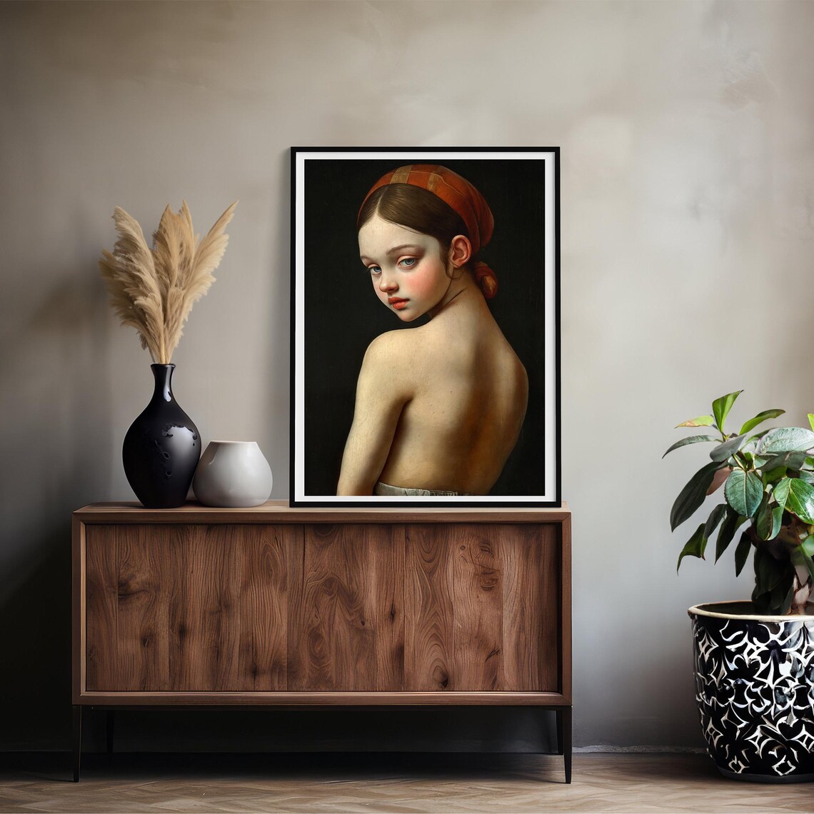 Classic Girl Portrait Red Headscarf Timeless Oil Painting Style Art Print - Image 3