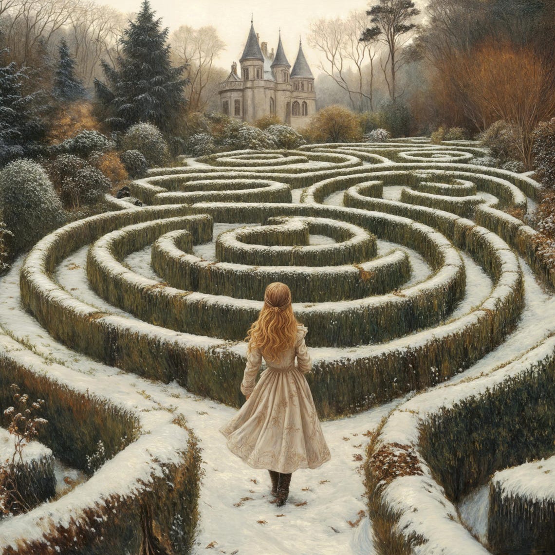 Enchanted Winter Castle Snowy Hedge Maze Fantasy Scene Print - Image 3