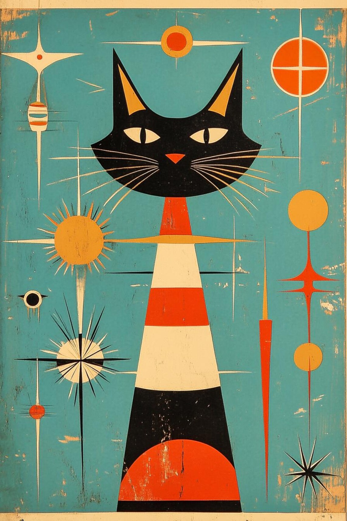 Midcentury Tall Black Cat Striped Body Atomic Starburst Retro Cat Poster - Image 3