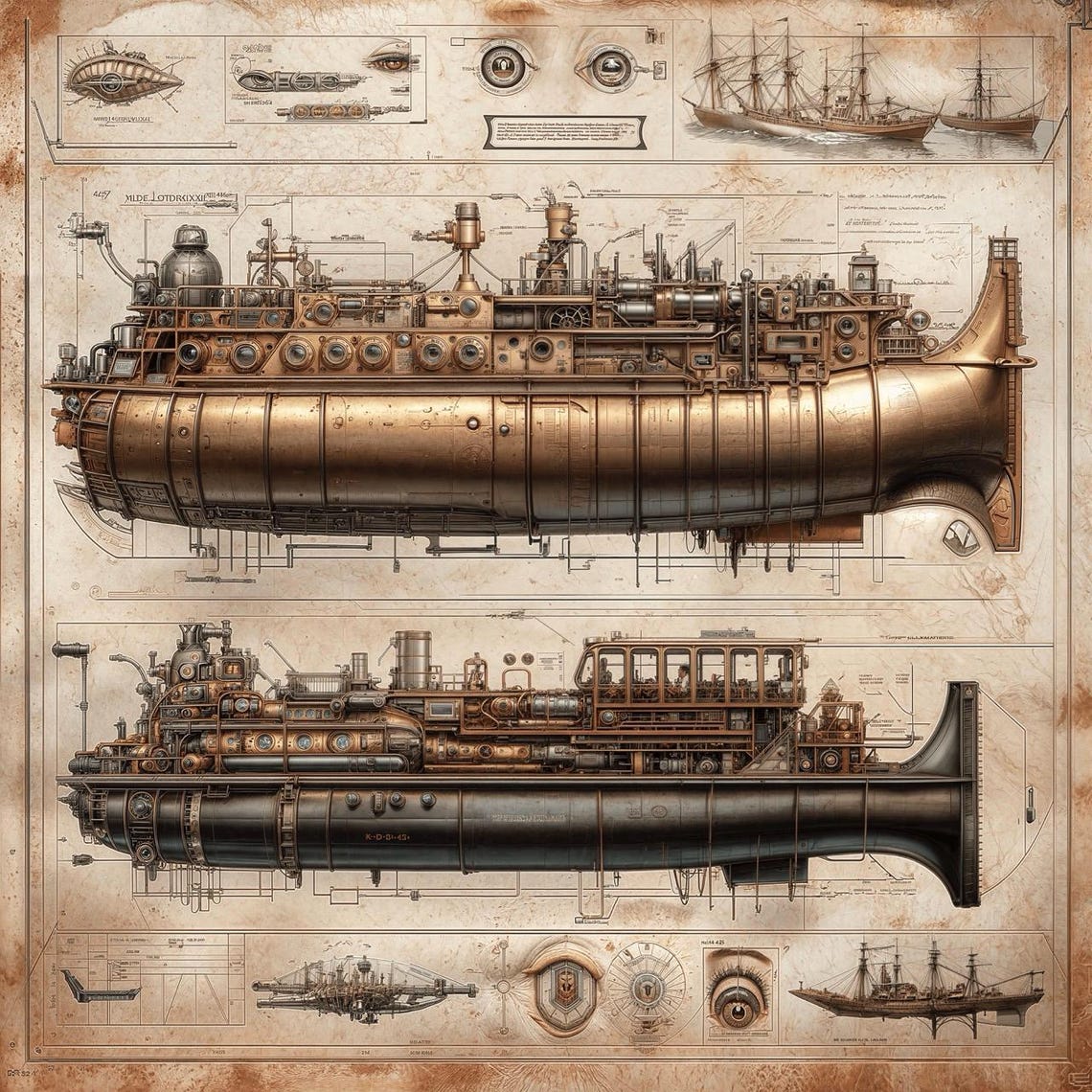 Steampunk Submarine Blueprint Vintage Nautical Engineering Art Poster - Image 3