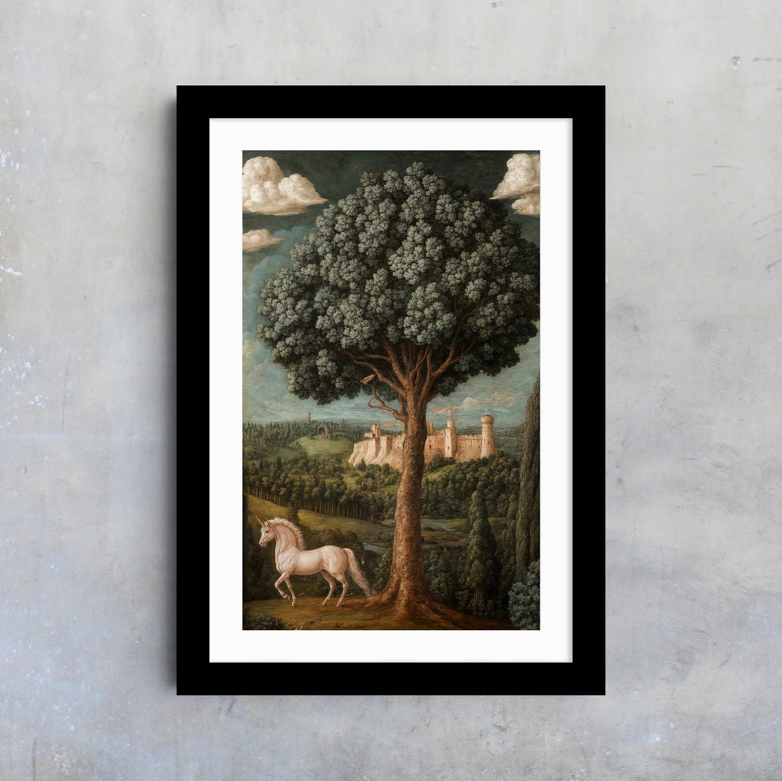 Medieval White Unicorn Under Great Tree Castle Landscape Fantasy Print - Image 4