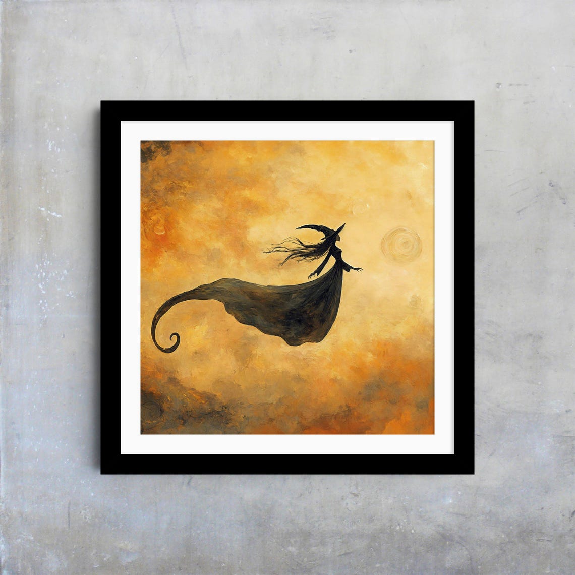 Flying Witch Silhouette Golden Amber Sky Dark Fantasy Art Poster - Image 4