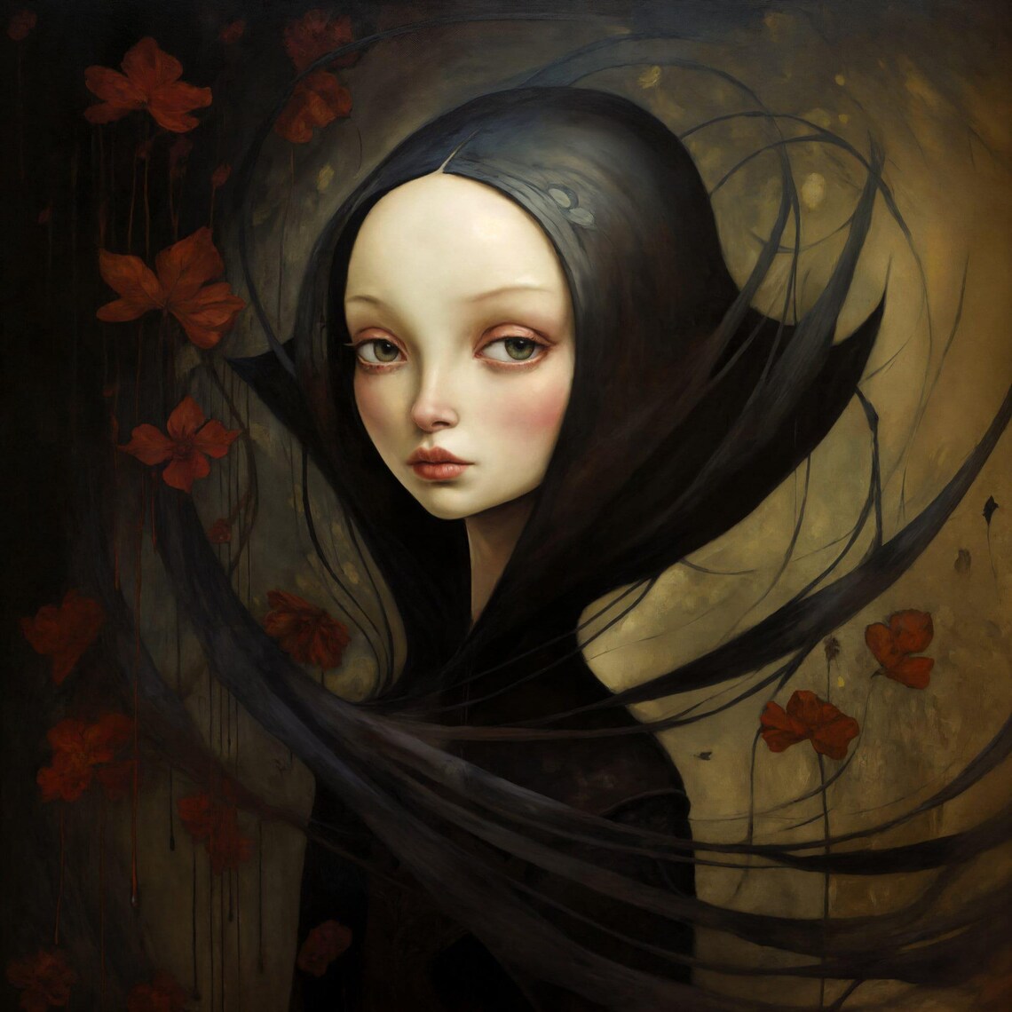 Gothic Vampire Girl Swirling Black Hair Red Flowers Dark Fantasy Portrait Poster - Image 4