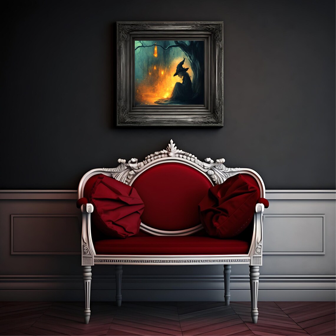 Dark Witch Forest Glowing Haunted Woods Lanterns Gothic Fantasy Art Poster