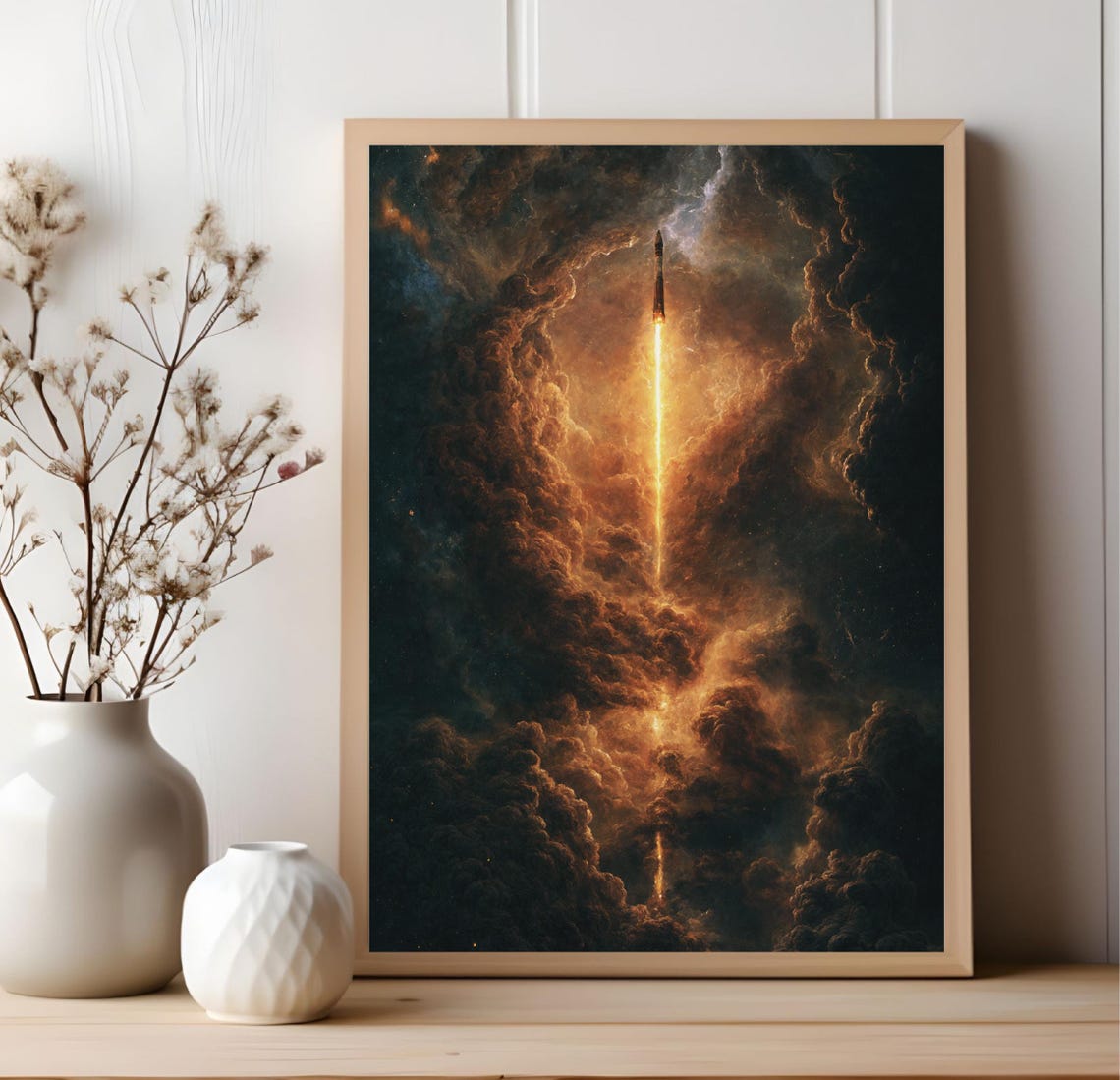 Dramatic Rocket Launch Night Clouds Glowing Trail Space Art Poster - Image 2