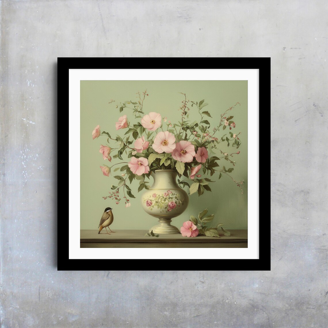 Pink Blossom Bouquet In Floral Vase With Bird Vintage Botanical Poster - Image 4