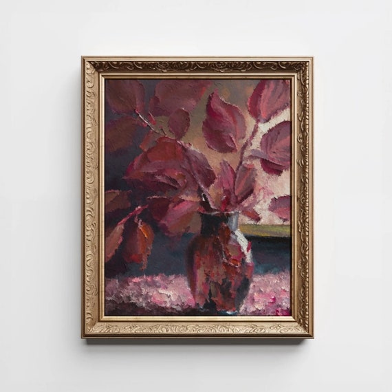 Burgundy Leaves Print Cimicifuga Stems In Vase Painting Moody Vintage Autumn Trendy Maroon Wall Art Instant