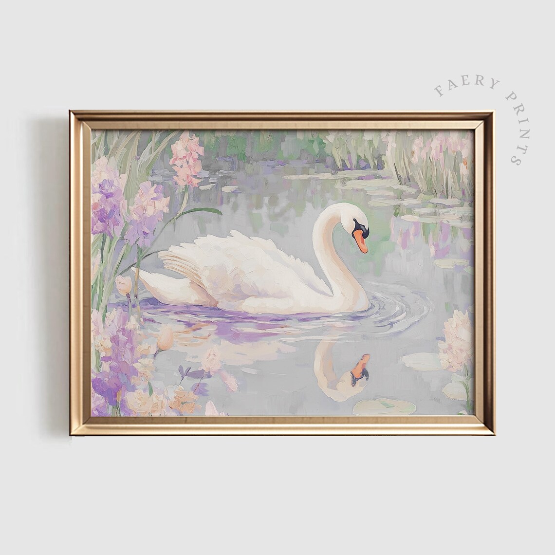Pastel Swan Art Print Soft Floral Pond Wall Nursery Decor Romantic Elegant Home 1238