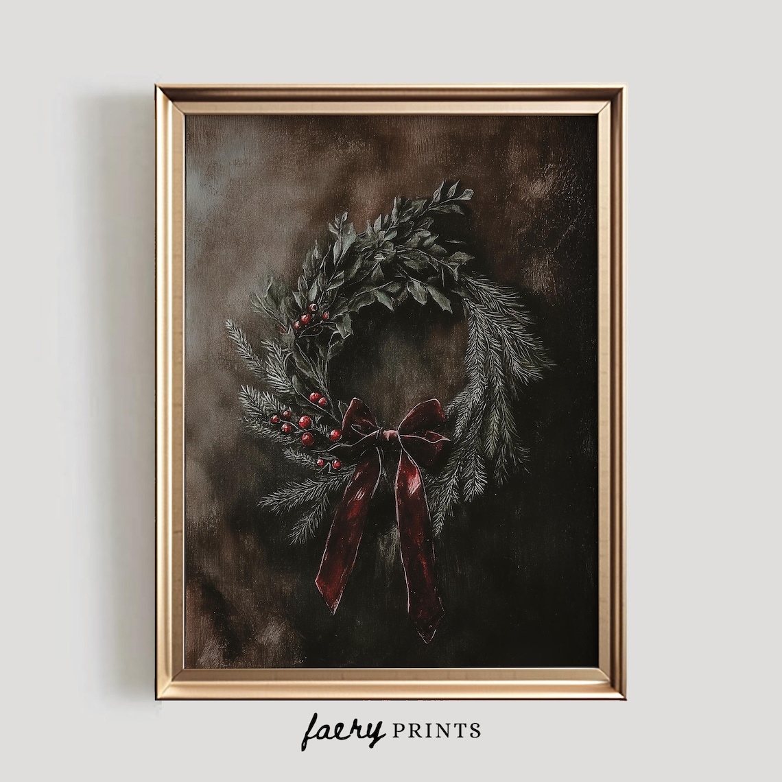 Dark Christmas Wreath Art, Victorian Holiday Poster