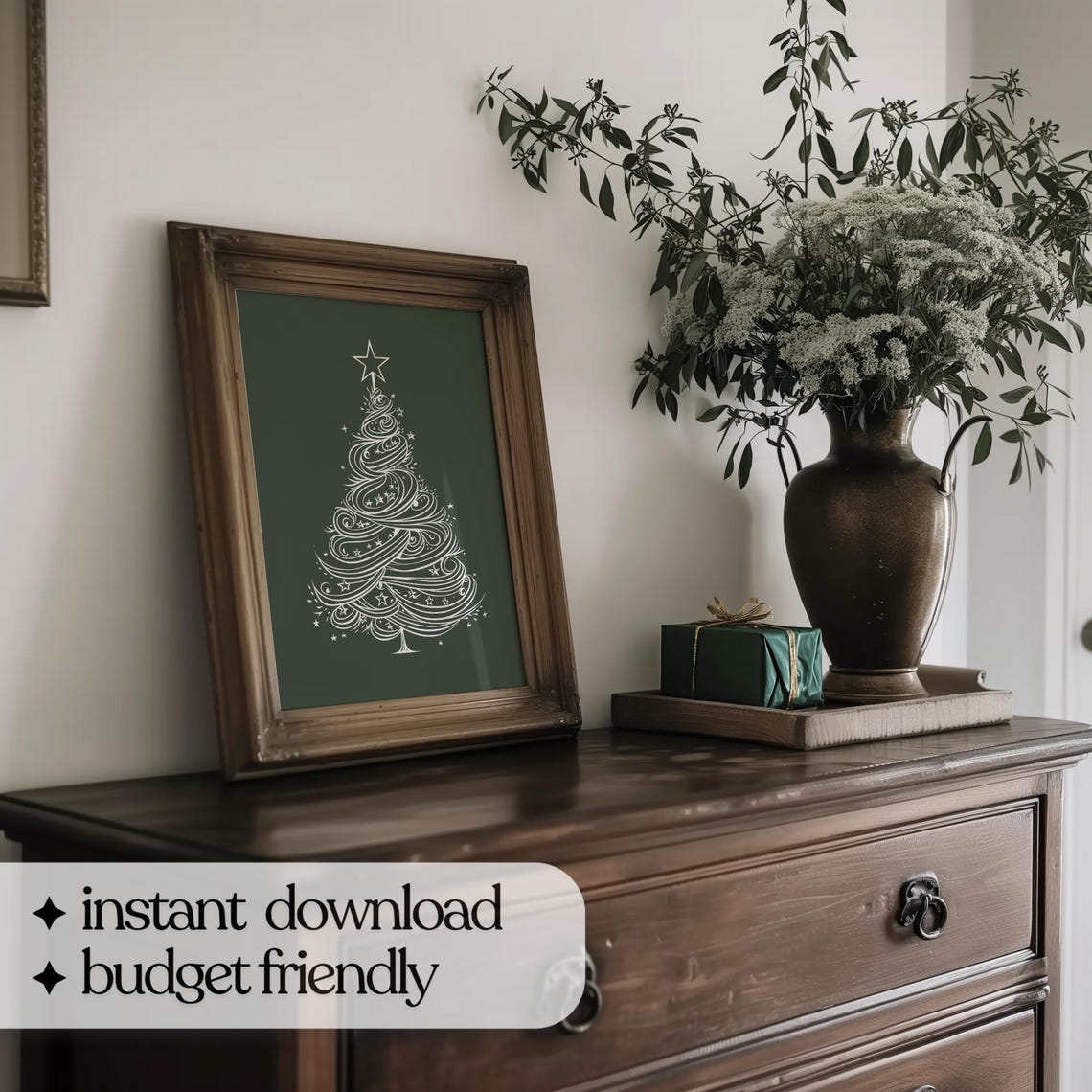 Swirling White Line Christmas Tree Star Minimalist Green Poster - Image 4