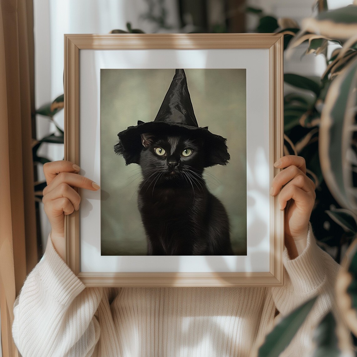 Black Cat Halloween Vintage Style Autumn Art Print - Image 2