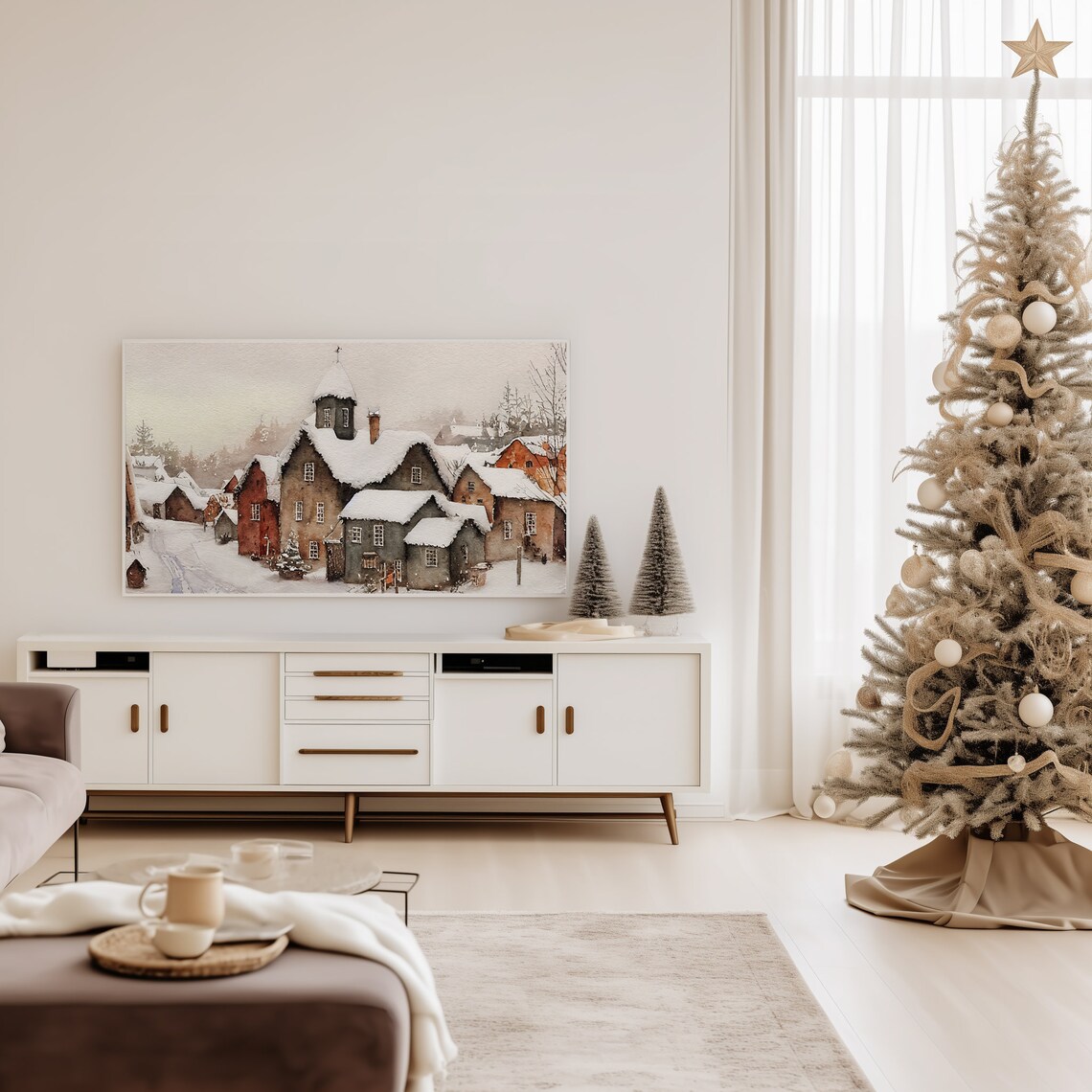 Winter Snowy Village Vintage Christmas Travel Poster